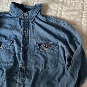 Vintage 90s native embroidered western denim button down shirt sz L cowboy